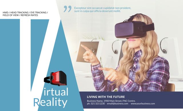 Promoting futuristic technology, a woman experiences virtual reality, evoking a sense of innovation and immersion. This template could also be adapted for educational content or gaming promotions.