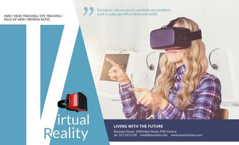 Promoting futuristic technology, a woman experiences virtual reality, evoking a sense of innovation and immersion. This template could also be adapted for educational content or gaming promotions.