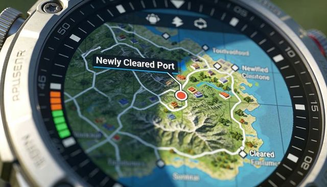 Smartwatch navigation display showing coastal island map with newly cleared port waypoint
