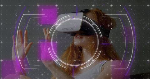 Woman immersed in vr with futuristic augmented display