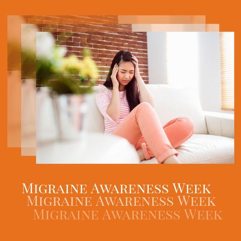 Woman with migraine holding head, promoting awareness week