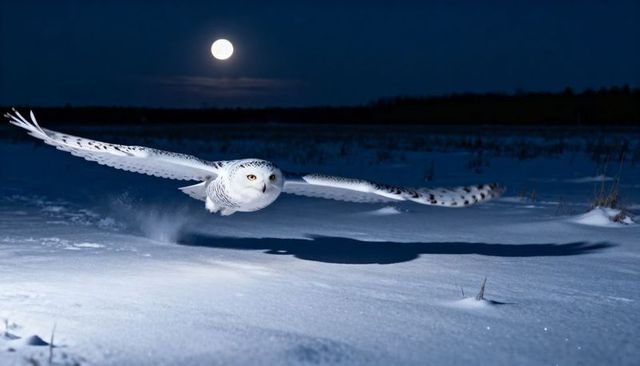Snowy owl gliding low over moonlit snowfield night flight full moon shadow silhouette