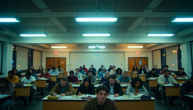 Focused student in brown jacket staring forward during crowded university lecture hall