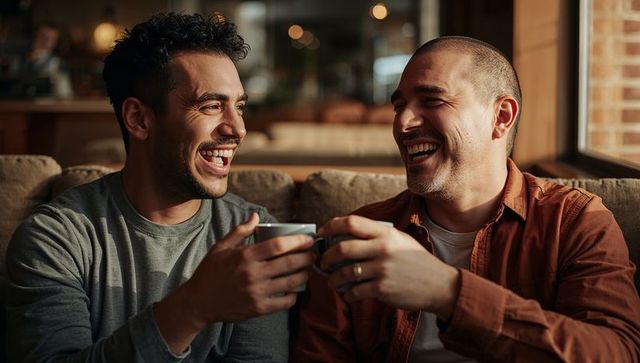 Clinking coffee mugs while laughing two friends relaxing on sofa in cozy café