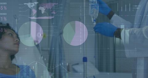 Patient resting in hospital gown while clinician adjusting iv pole with data overlays