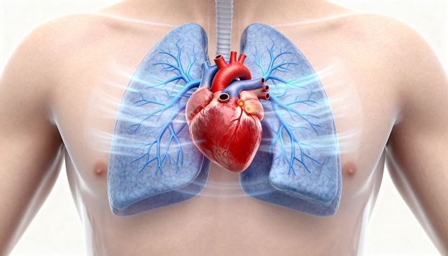 Detailed heart and transparent lungs revealing cardiac pulmonary anatomy in bare male torso