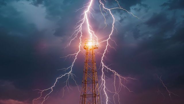 Lightning bolt striking tower during intense storm