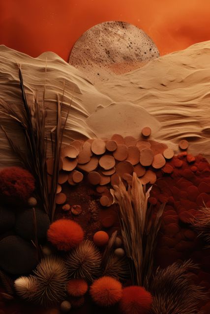 A visually striking art piece showcasing a surreal desert landscape with an abstract sun, using a mix of natural elements like dried plants, grass, and varied textures in earthy tones. This vivid artwork could be used for creative projects, branding purposes, nature-themed artwork, or adding an artistic touch to home decor. Ideal choice for backgrounds, digital and print media, and websites focused on art, design, and nature.