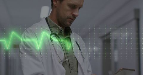Doctor Analyzing Patient Records with Heartbeat Graph Overlay - Download Free Stock Images Pikwizard.com