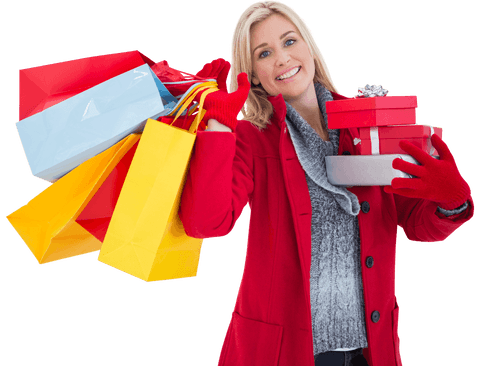 Festive Blonde Woman with Colorful Shopping Bags and Gifts On Clear Background