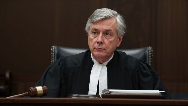 Senior judge presiding in courtroom wearing formal robe and white neck bands