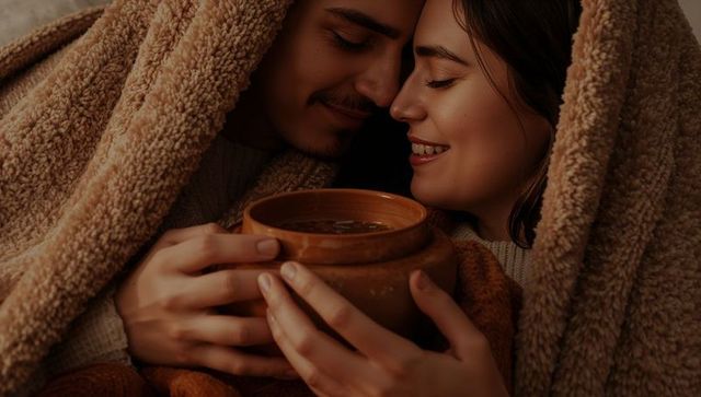 Cozy couple sharing warm mug under sherpa blanket, intimate autumn romance at-home moment