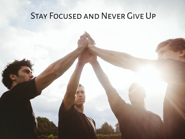 Motivational message, a team joining hands against a sunlit sky, symbolizing unity and perseverance. Ideal for team-building events or personal growth workshops, conveying collaboration and determination.