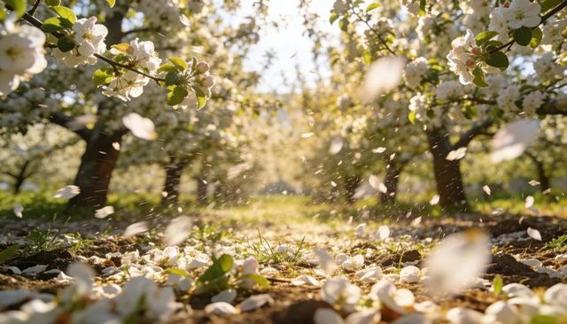 Sunlit Apple Orchard with Falling White Blossoms and Petals Drifting in Golden Hour Breeze