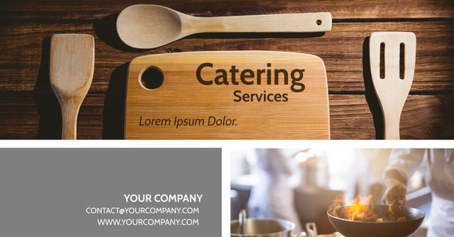 This inviting template is perfect for promoting catering services. Featuring wooden utensils against a rustic backdrop, it conveys a cozy and professional kitchen vibe. The design includes space for company contact information and highlights glimpses of chefs making delicious meals. Ideal for catering business flyers, promotional events, and restaurant menus.