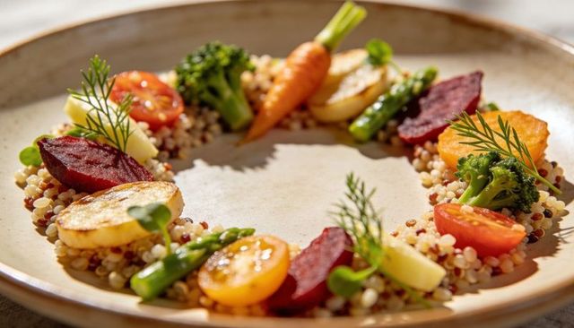 Quinoa vegetable wreath with glazed carrots, asparagus, cherry tomatoes and dill