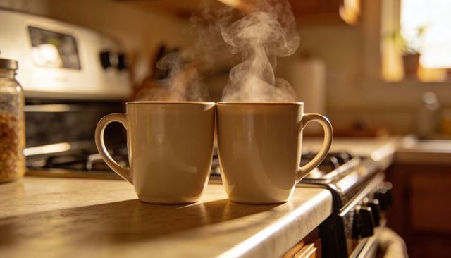 Steaming Beige Ceramic Mugs on Sunlit Wooden Countertop Next to Gas Stove Morning Coffee