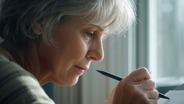 Leaning senior woman writing in notebook by window, soft daylight, thoughtful portrait