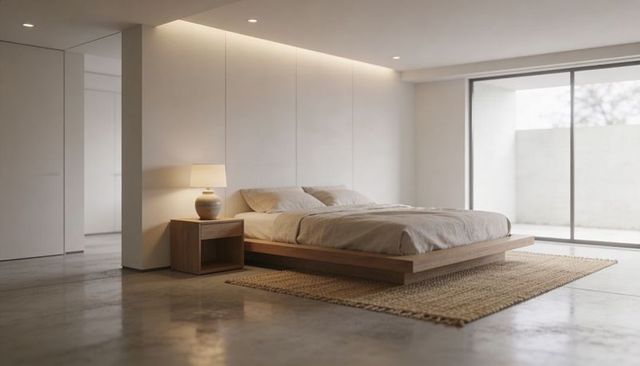 Minimalist low-profile wooden platform bed on woven rug with nightstand lamp and glass door