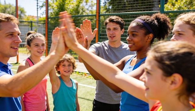 Youth team celebrating group high-five on outdoor sports court with coach encouragement