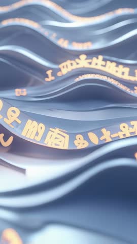 Undulating Blue Ribbons Carrying Glowing Orange Glyphs Vertical Futuristic Motion Loop