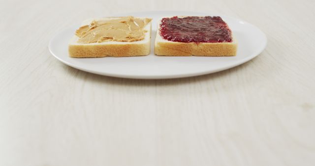 Close up view of peanut butter and jelly sandwich on wooden surface. food and nutrition concept