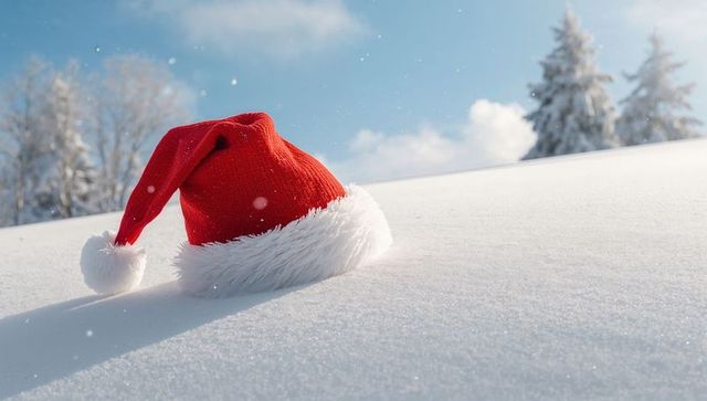 Red Santa Hat Resting in Fresh Snow on Sunny Winter Slope with White Fur Pompom