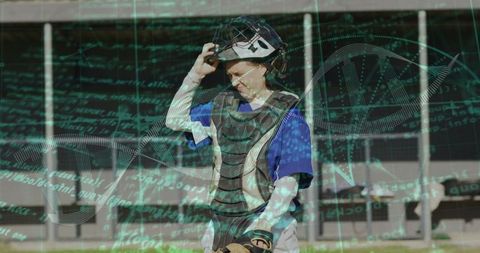 Young Baseball Catcher Adjusting Mask in Technological Setting