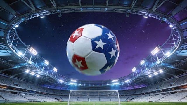 Star-spangled soccer ball hovering over goal in modern stadium at night cinematic purple