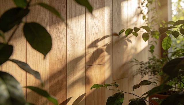 Sunlight casting leaf shadows on wood panels with indoor plants for warm natural interior