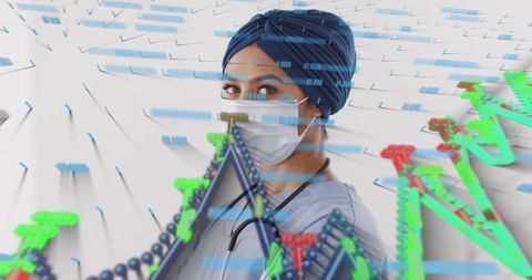 Standing clinician wearing mask and turban with genomic data visualization overlay