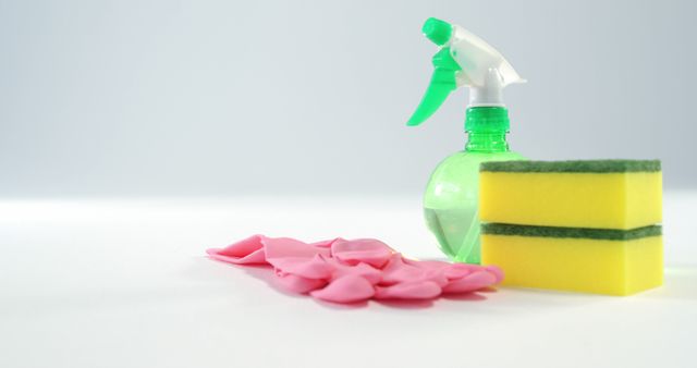 Cleaning Supplies Including Spray Bottle, Sponge, and Pink Gloves on White Surface - Download Free Stock Images Pikwizard.com