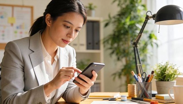 Businesswoman tapping smartphone at desk, using mobile for work in modern daylight office