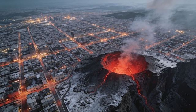 Glowing volcanic crater erupting with lava over snowy urban grid at twilight