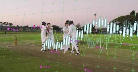 Cricket team huddling on dusk pitch with performance data overlay and analytics