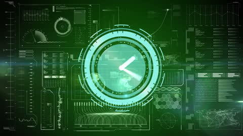 Futuristic Digital Interface with Scanning HUD and Clock Overlay