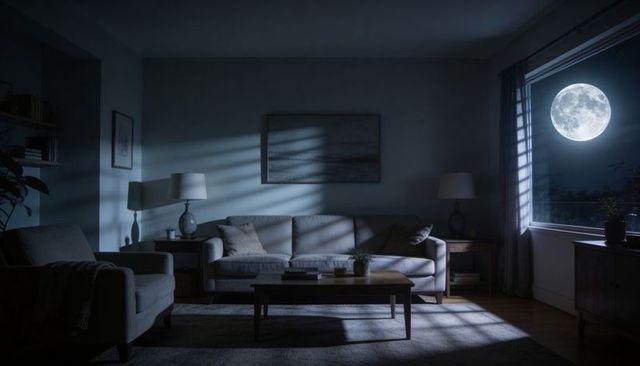 Moonlit Living Room with Blinds Shadows and Cozy Sofa, Moody Interior Night Scene