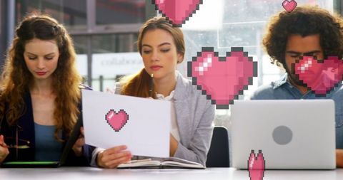 Diverse Business Team with Digital Hearts Symbolizing Collaboration and Innovation