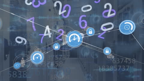 Digital Network with Data and Security Icons in Server Room