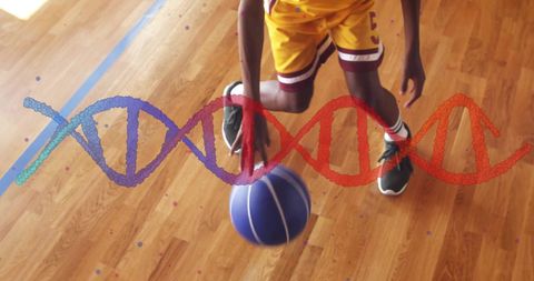 Athlete Dribbling Basketball with DNA Strand Overlay