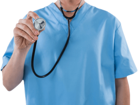 Mid Section Nurse Holding Stethoscope with Blue Scrubs Transparent