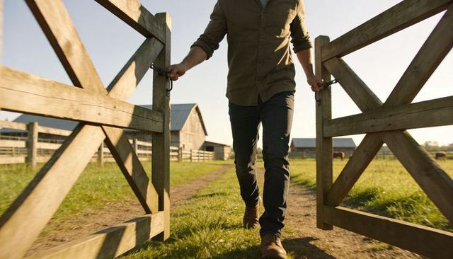 Man walking through wooden farm gate at sunrise on rural dirt track