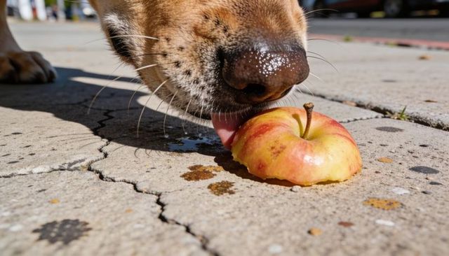 Dog licking bitten apple on sunlit cracked sidewalk, juicy snack, canine muzzle close-up
