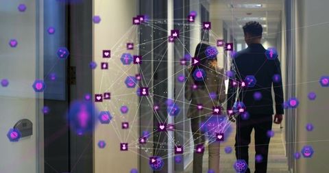 digital network interface over professionals in modern office corridor - Download Free Stock Images Pikwizard.com