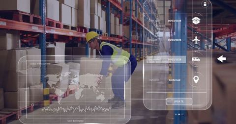 Warehouse Worker Lifting Box with Augmented Reality Interface