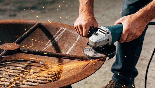 Tradesman grinding rusted metal rim with angle grinder, flying sparks and rugged metalwork
