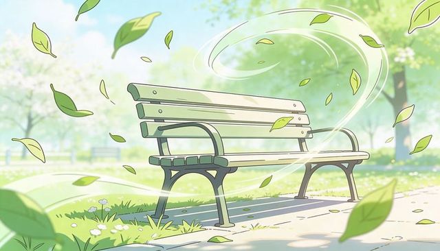 Sunlit park bench casting dappled shadows with drifting leaves in pastel breeze