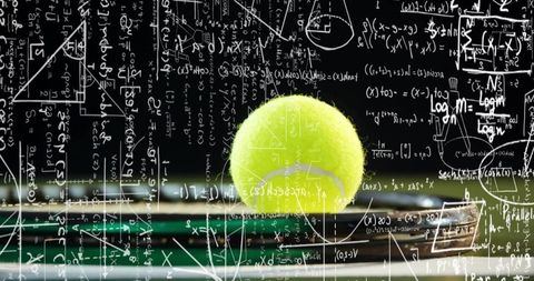 Tennis ball balancing on racket with math formulas overlay