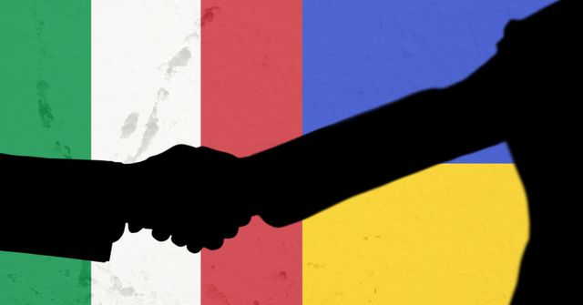 Silhouette of two men shaking hands against ukraine and italy flag background. international relations concept
