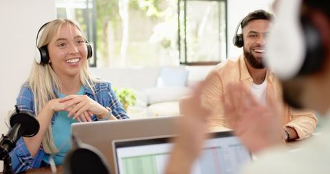 Diverse Team Collaborating on Podcast Production